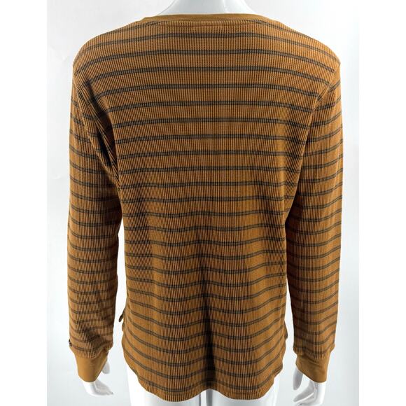 Columbia Orange Waffle Knit Thermal Top Size XL Striped Split Neck Tee Shirt - Picture 4 of 6